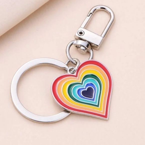 Rainbow Heart Charm Keychain Silver Plated Keyfob Multicolor - Picture 4 of 7